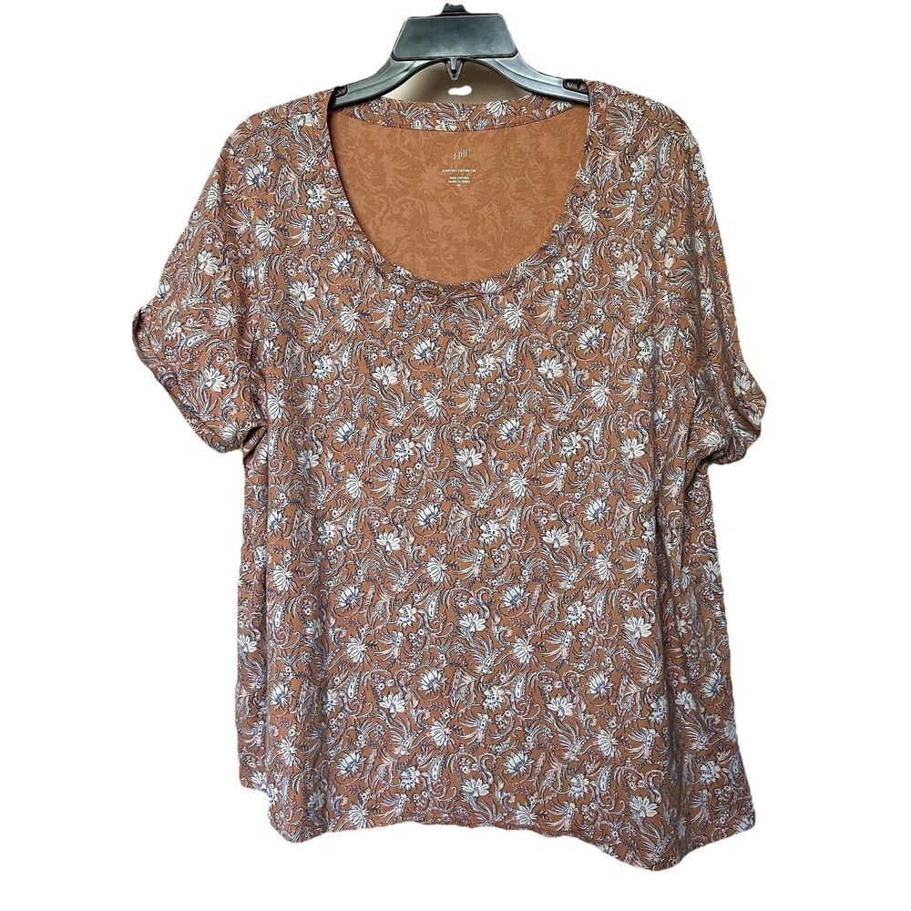 J Jill Everyday Cotton Tee 2X Cotton Orange Short Sleeve Pullover Floral Boho
